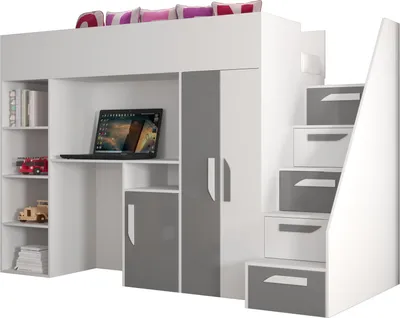 Produktbild von Etagenbett für Kinder Party 14 Stockbett mit Treppe und Bettkasten (Weiß + Grau Glanz)