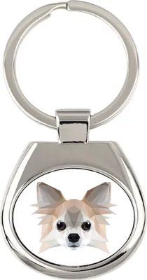 Zdjęcie produktu dla Chihuahua o długiej sierści - breloczek w kształcie geometrycznym z zdjęciem i napisem "Art-Dog"