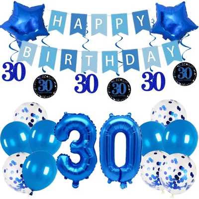 30. Geburtstag Deko Set, 33-teilig, Blau, Folienballon Ziffer 30