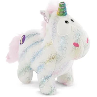 A plush unicorn toy with glittery stripes and a rainbow horn.