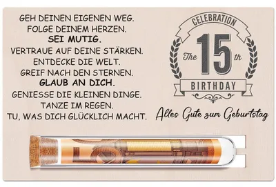Produktbild von Geschenkset 15. Geburtstag mit Reagenzglas und Holzkarte für Geldgeschenke