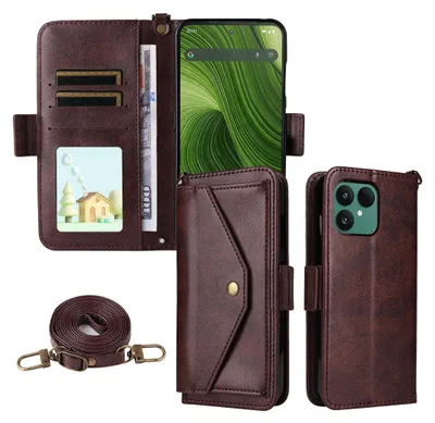 Immagine prodotto di Custodia Crossbody in vera pelle per Fairphone 6 slot per schede e funzione stand marrone