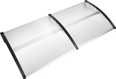 Obrázok produktu pre Strešný štít - kryt nad vchodové dvere - 200x90x24 cm - priehľadná polykarbonátová doska - oblúkový tvar - UV ochrana 95 % - koróziu odolné PP držiaky - priehľadný