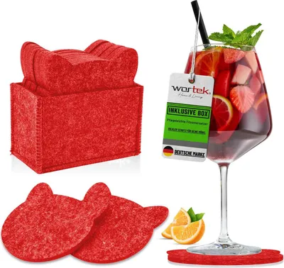 Produktbild von wortek Filz Untersetzer - Deko Tischset + Aufbewahrungsbox I für Gläser & Tisch, 10er Set I 10cm I Katze, Rot