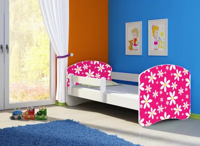 Produktbild von Kinderbett, Babybett 70x140, 80x160, 80x180cm Juniorbett, Kind, Motiv, Schublade CLAMARO, Bett Farbe:23 Pink Daisy, Ausführung:Ohne Bettkasten, Bett Größe:160 x 80 cm