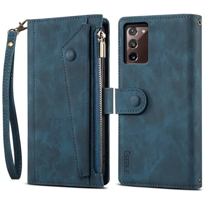Obrázek produktu pro Ochranné pouzdro pro Samsung Galaxy Note 20/Note 20 5G, kožené pouzdro na zip, skládací peněženka s přihrádkou na karty, stojánek a poutko modré