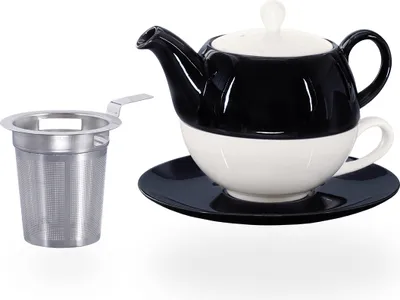 Produktbild von Buchensee Tea for one mit Sieb / Teeset Lena, Teekanne 500ml mit Sieb, weiß/schwarz, Crystal Bone China Porzellan
