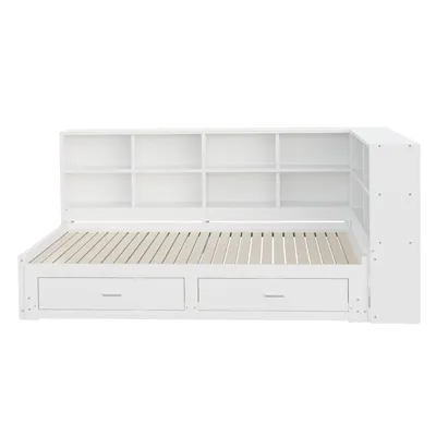 Produktbild von Merax Massivholzbett 90x190/180x190 cm mit Ausziehbett, Tagesbett  mit Stauraum und Ladeanschluss, Multifunktionsbett Kinderbett Weiß