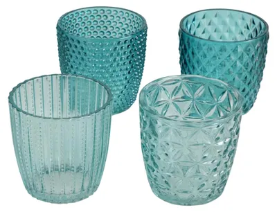 Produktbild von Windlicht Set Marilu 4-teilig (Blau, Deko-Gläser für Kerzen/Teelichter, Kerzenständer, verschiedene Muster, rund)