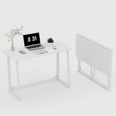 Image de Bureau pliable compact Unyqoos®, sans montage – seulement 7 cm une fois replié, pieds en métal et plateau en panneau de particules épais, idéal pour le télétravail et les espaces d'étude