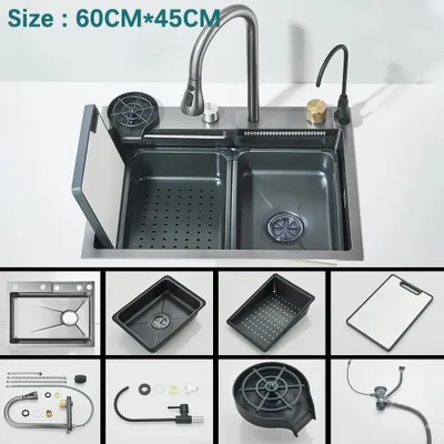 Produktbild von Küchenspüle - Wasserfall Spülbecken mit Armatur - 304 Edelstahl - Großes Einzelbecken Unterbau - Digitalanzeige - Touch Wasserfall - Gebürstete Oberfläche - Grau A2-Y