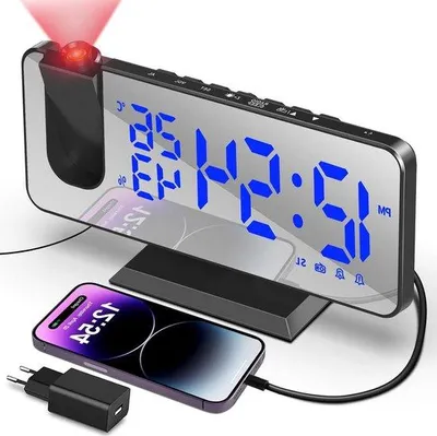 Zdjęcie produktu dla Cyfrowe zegary radiowe z wyświetlaczem projekcyjnym – 20,2 cm x 5 cm – złącze USB – podświetlenie nocne