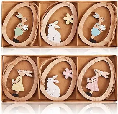 Produktbild von com-four® 6X Dekoaufhänger Hase in Ei - Holzaufhänger zum Dekorieren - Osteraufhänger für den Osterstrauß - Hängedeko (06 Stück - Hase im Ei)