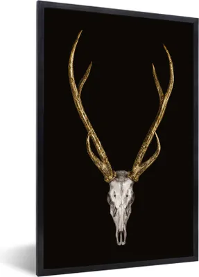 Produktbild von MuchoWow® Gerahmtes Poster Hirsch - Totenkopf - Gold 20x30 cm - Poster mit Schwarzem Bilderrahmen Wandposter Rahmen Foto Bilder - Drucken - Bilder Poster im Rahmen