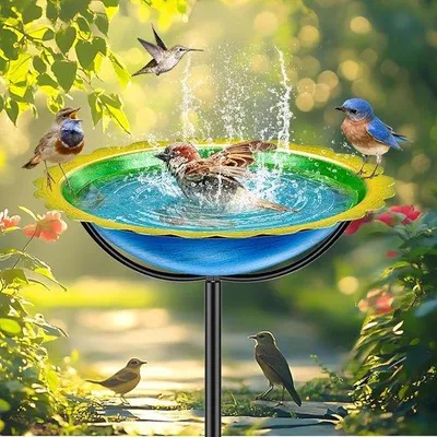 Produktbild von Wasserstation für wilde Vögel, Metall-Wasserbad mit 4-Punkten-Stativ, blau-geel, 4-punkte Basis