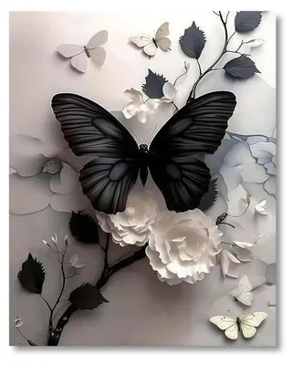 Image de Kit de peinture par numéros, motif : papillon et fleurs, dimensions : 40x50 cm, couleur : noir