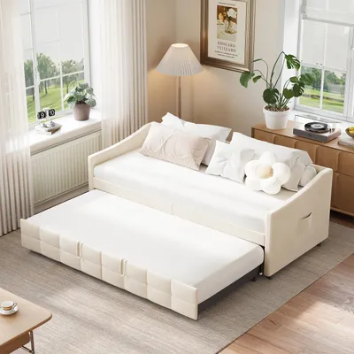 Immagine prodotto di Divano letto Fortuna Lai, velluto, beige, 90x200 cm, incl. rete a doghe e braccioli, moderno, max. 300 kg, 45 kg