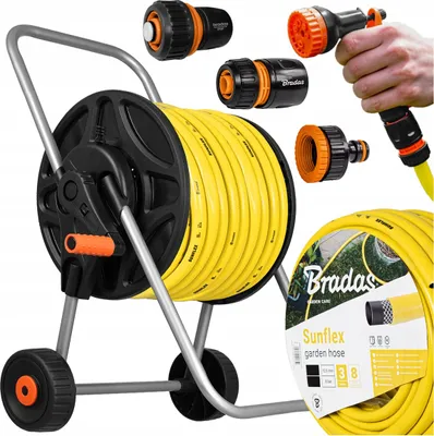 Zdjęcie produktu dla Zestaw Bradas wąż ogrodowy SUNFLEX 1/2" 30m | pistolet, złącza + wózek | żółty