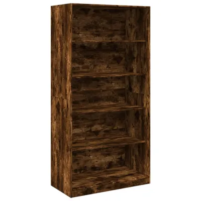 A tall, narrow, open bookshelf with five shelves, made of wood-look material with a rustic, dark brown finish.