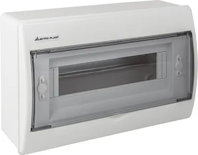 A white electrical distribution box with a transparent hinged cover.