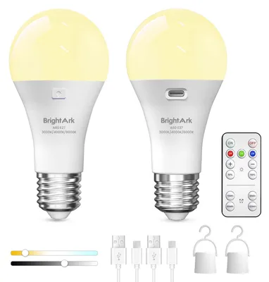 Produktbild von BrightArk Wiederaufladbare Glühbirne mit Fernbedienung, 3 Farben Dimmbare E27 USB Aufladbare Glühbirne LED mit Timing Funktion akku glühbirne für Draußenlicht Notlicht (2-Stück)