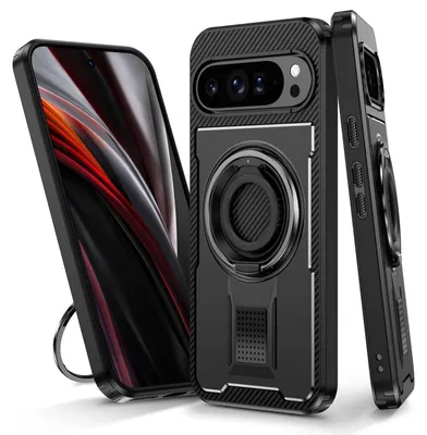 Produktbild von Für Google Pixel 9 Pro XL Carbonfaser Ringhalter Hybrid TPU Hülle Cover Schwarz