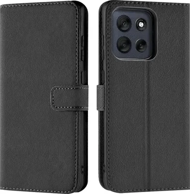A black flip case for a smartphone is shown from two angles.