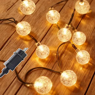 Obrázok produktu pre LED svetelný reťazec na vonkajšie použitie, 10 metrov, s krištáľovými guľami, s konektorom, 8 režimov, s časovačom, IP44, vhodný do záhrady a na balkón