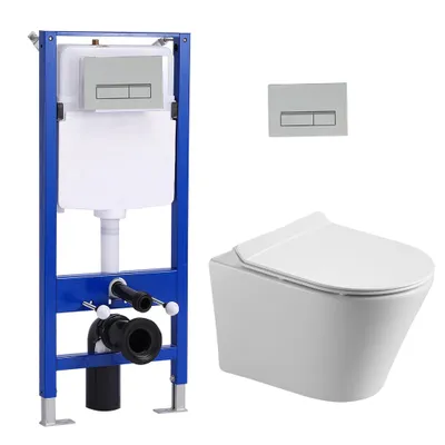 Zdjęcie produktu dla Zestaw podtynkowy WC + wisząca bezrantowa toaleta WC + spłuczka podtynkowa 114 cm z prostokątną chromowaną płytką dociskową HOROW