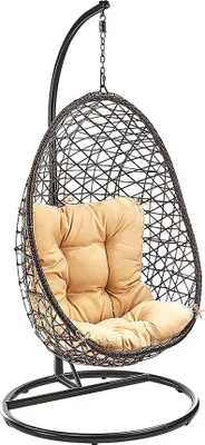 A hanging egg chair with a tan cushion, set against a white background.