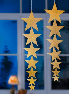 Image de Mobile en film plastique étoiles dorées guirlande de décoration de Noël 64 cm de long