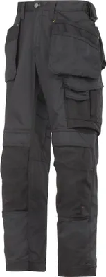 A pair of black work pants with multiple pockets.