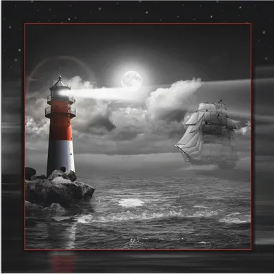 Produktbild von ARTland Wandbild Alu für Innen & Outdoor Leuchtturm und Segelschiff im Mondschein Größe: 70x70 cm
