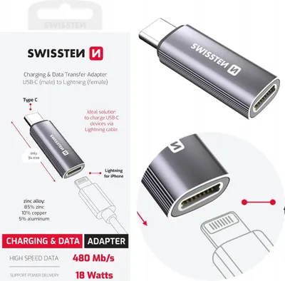 Zdjęcie produktu dla Adapter Usb-c Męski / Lightning Żeński Przejściówka Do Ładowania Swissten