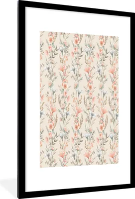 Produktbild von MuchoWow® MuchoWow® Gerahmtes Poster Blumen - Vintage - Muster 60x90 cm - Poster mit zchwarzem Bilderrahmen - Dekoration - Wandposter Wohnzimmer - Hochwertig