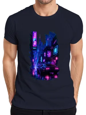 Zdjęcie produktu dla Koszulka męska z motywem cyberpunkowym, neon, samochody, Japonia, synthwave, outrun, styl Y2K, vaporwave, lata 80., kolor granatowy, rozmiar L
