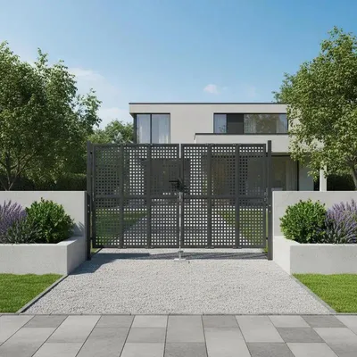 Zdjęcie produktu dla Brama ogrodzeniowa – brama z siatką 300x175 cm – rama z tworzywa sztucznego – z zamkiem – stabilna, idealna do ogrodu, tarasu, podwórka