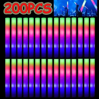Image de 200 pièces de bâtons lumineux LED en mousse, bâtons lumineux LED avec 3 modes, lumières de fête clignotantes pour mariage, concert, camping, anniversaire, Halloween, fête