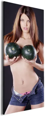 Produktbild von Wallario Premium Leinwandbild Schöne halbnackte Frau mit Melonen in Größe 80 x 200 cm