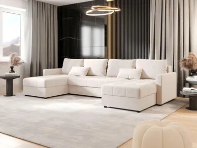 A modern living room with a large U-shaped sofa.