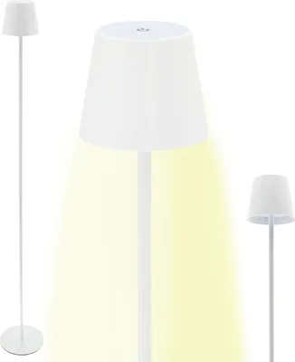 A white LED floor lamp with a conical shade, emitting a warm yellow glow downwards.