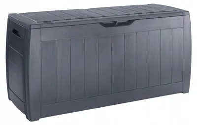 Obrázok produktu pre Tmavosivý úložný box má rozmery 117 x 45 x 57 cm a objem 270 litrov s uzamykateľným vekom.