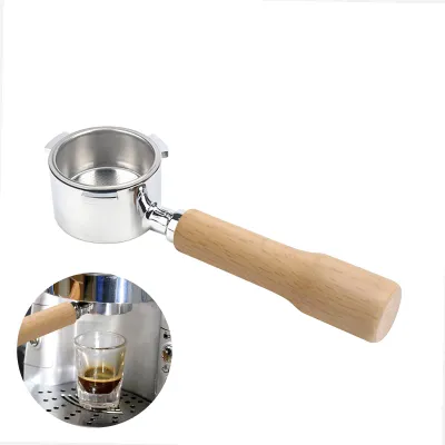 A portafilter with a wooden handle is shown against a white background. A small inset image shows the portafilter in use, brewing espresso into a shot glass.