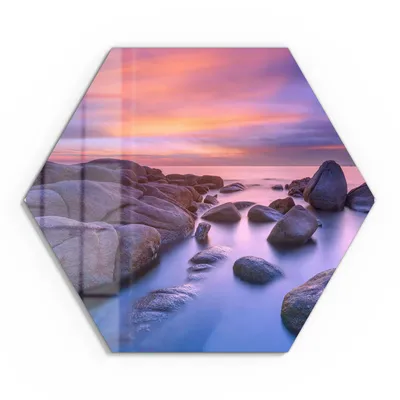 Produktbild von DEQORI Glasbild Echtglas 55x48 cm 'Küstenfelsen in Abendröte' Wandbild Bild modern Deko