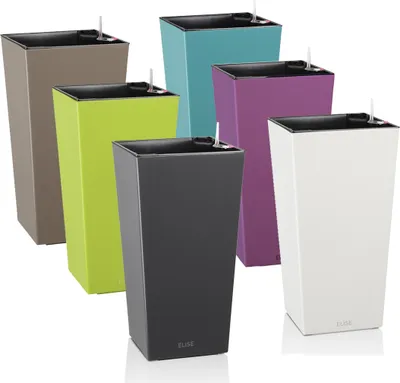 A collection of tall, rectangular planters in various colors arranged in a staggered formation against a white background.