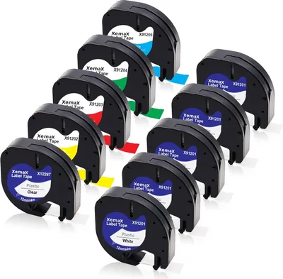 Produktbild von 10x XemaX Etikettenband – Ersatz für Dymo LetraTag 12mm x 4m, Kunststoff Band für LT-100H 100T XR 2000 200B