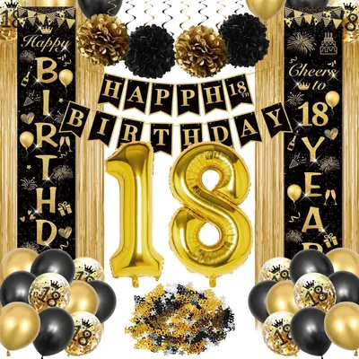Productafbeelding van Decoratieset voor een 18e verjaardag, zwart en goud, inclusief ballonnen, een slingerset, een deurposter en een glitterslinger