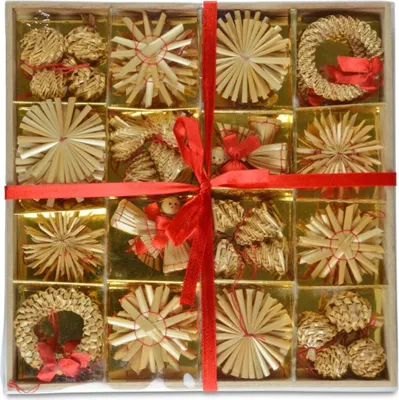 Produktbild von Weihnachtsbaumschmuck Strohsterne 56-tlg. Ø 3-6 cm Natur Rot | 75580 - Christbaum Anhänger