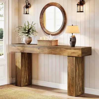 Image de Table console étroite de 160 cm, imitation bois, couleur marron, dimensions 85 x 160 x 35 cm