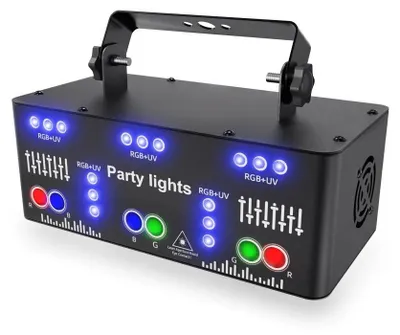 Zdjęcie produktu dla Partylicht - Projektor laserowy do sceny DMX - 21-kanałowy, wyświetla wzory RGB - 15 W - 110 V AC - wtyczka EU - do użytku wewnątrz pomieszczeń, idealny na imprezy, dyskoteki i dla DJ-ów - 21 kanałów RGB